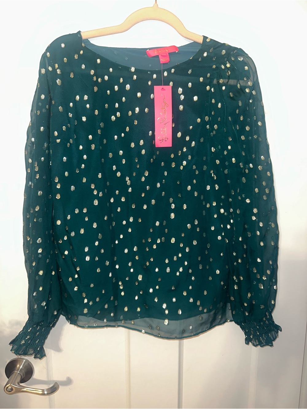 Idina Silk Top Spruce Green Gold Metallic Silk Clip – Size Medium